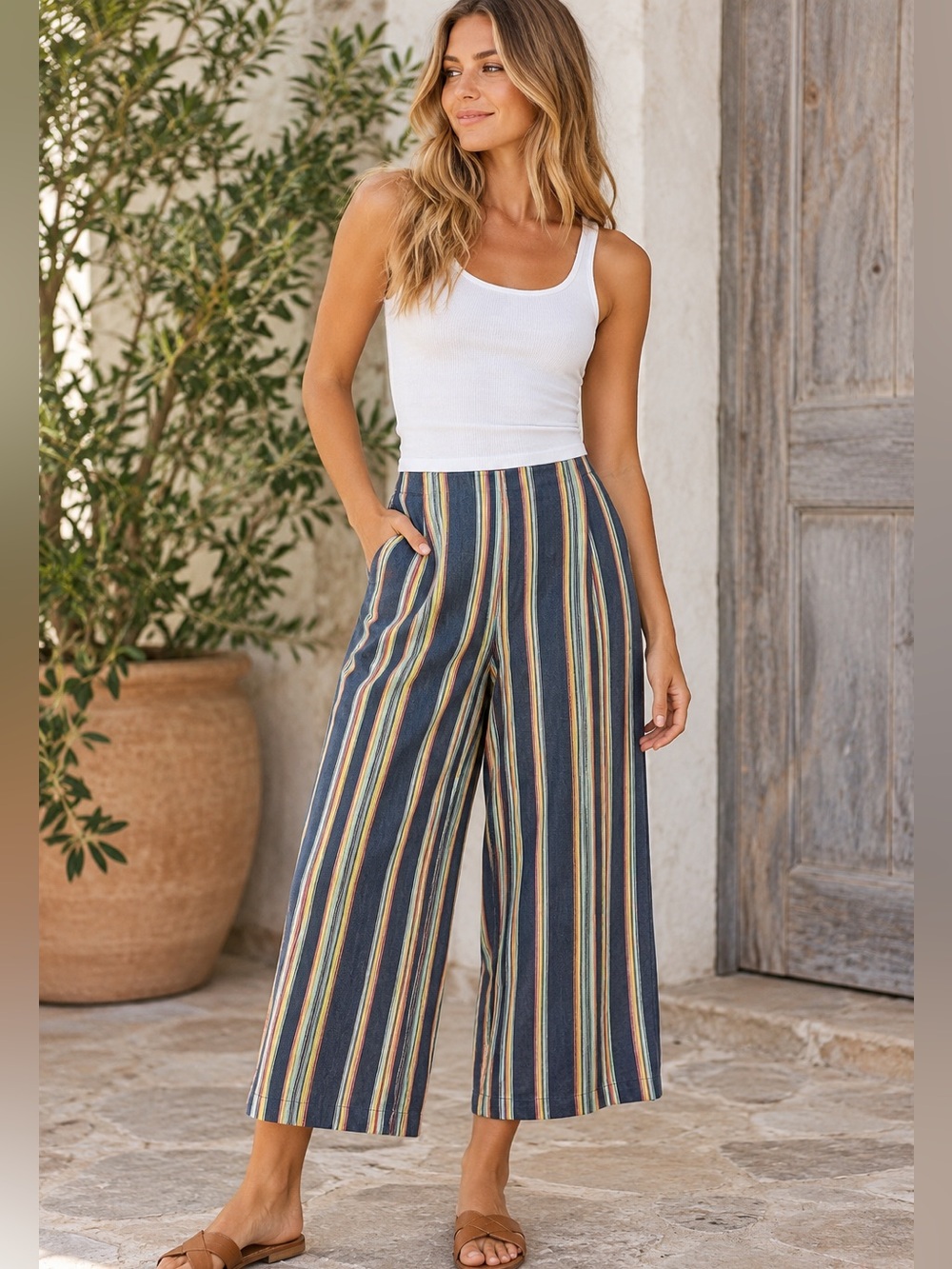 O’Neill 100% Cotton Striped Wide Leg Cropped Pants Size 29